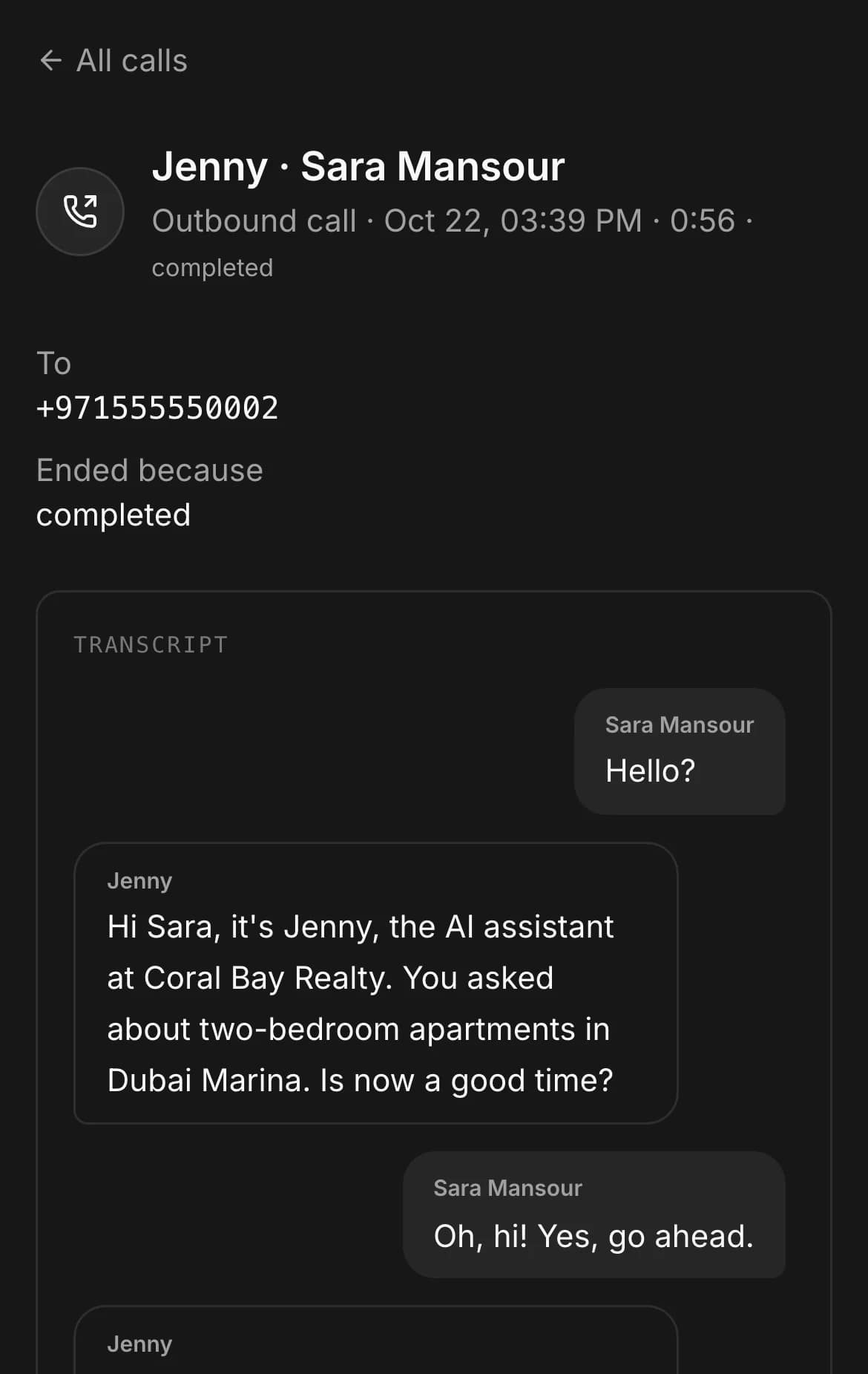 A finished call: the transcript between Jenny and a buyer looking for a two-bed in Dubai Marina.