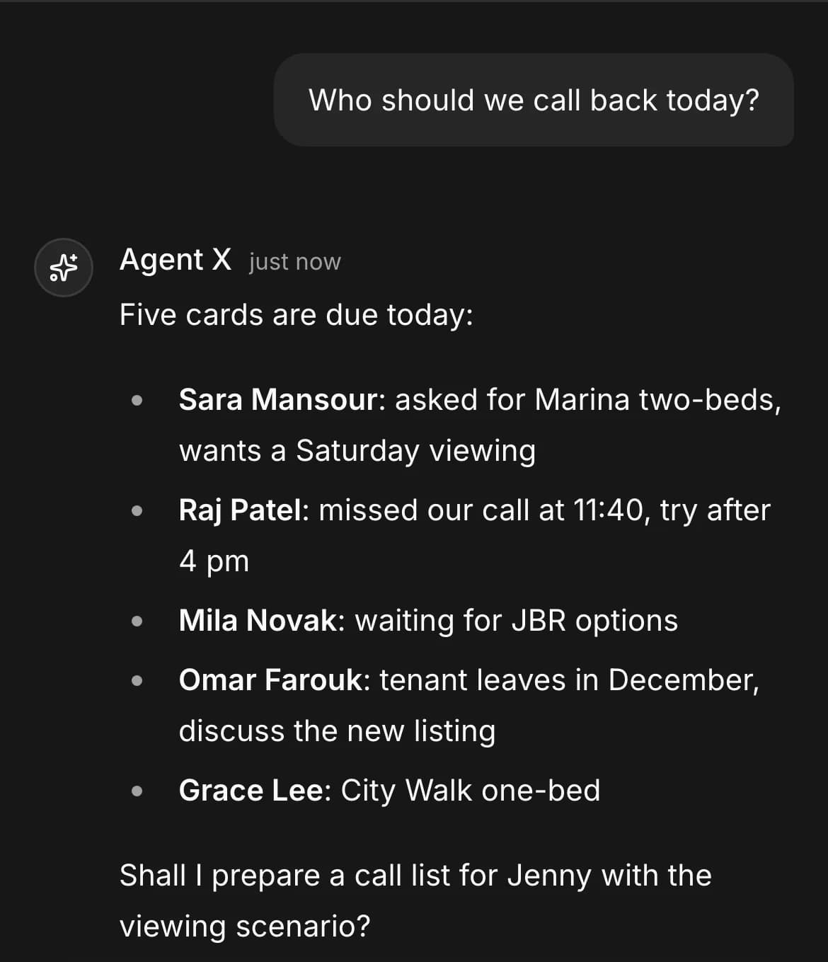 A chat with Agent X: asked who to call back today, it lists five customers and offers to prepare a call list for Jenny.