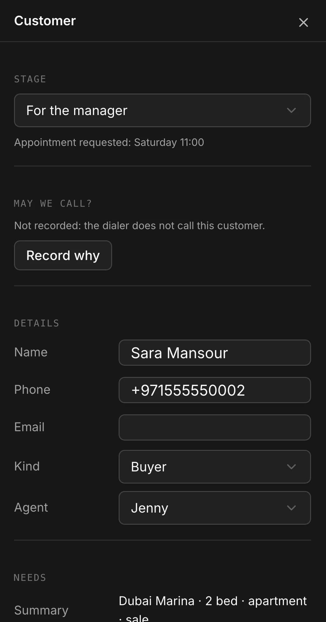 A customer's history: a requested Saturday viewing, the suggested listings and the call summary.
