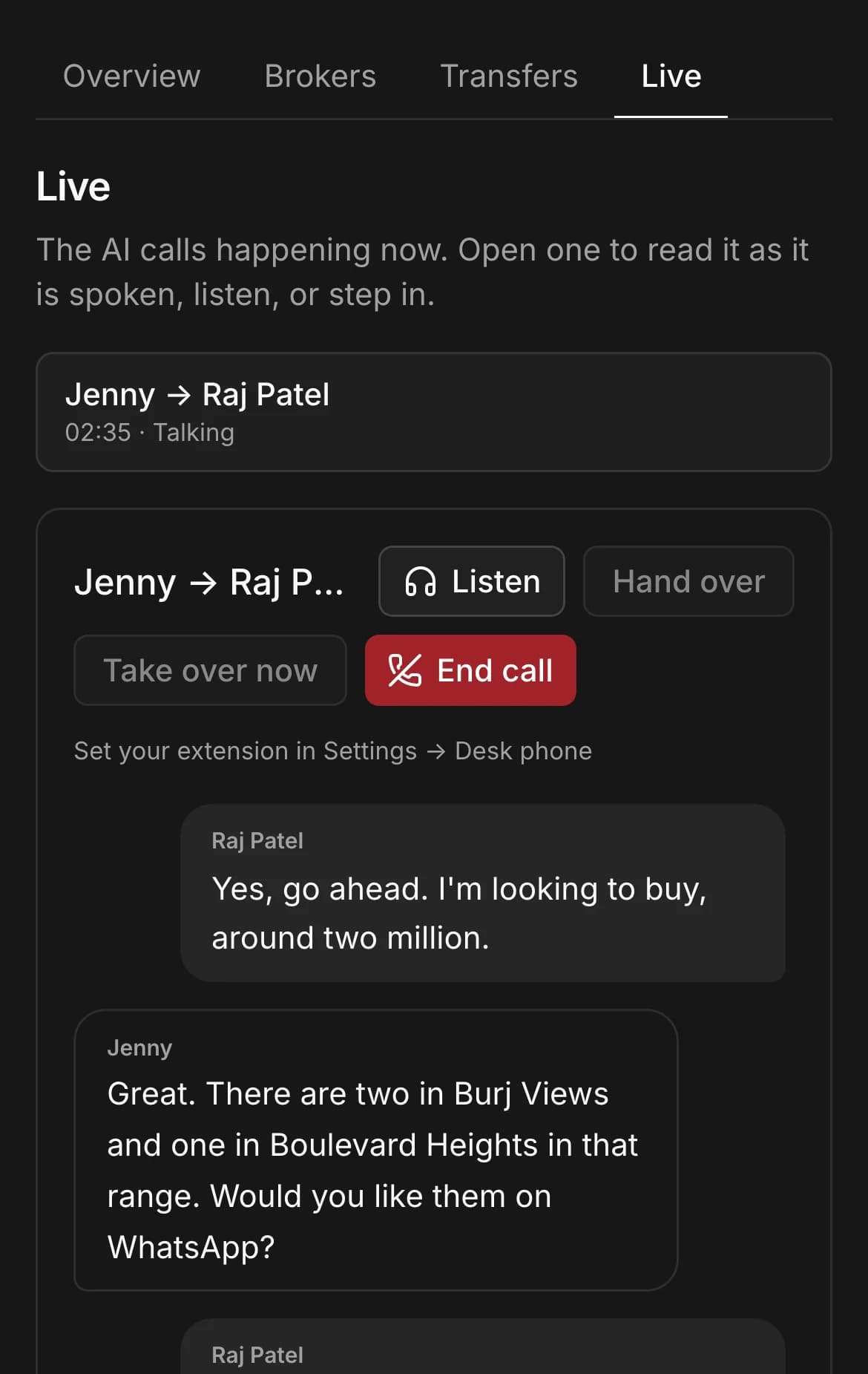 A call in progress: Jenny, the AI assistant, talks with a buyer, with buttons to listen, hand over, take over or end the call.
